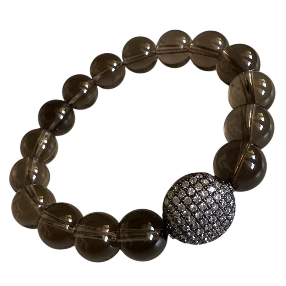 CLASSIC 10mm Smoky Quartz Stretch Bracelet Brown Black Pave Coin 6–7” Statement